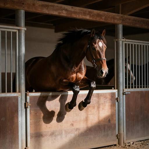 Dynamic Horse Leap in Rustic Stable