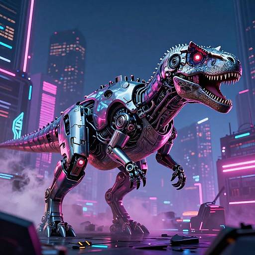 Cybernetic T-Rex roars in a neon-lit, futuristic cityscape; metallic body with glowing pink and purple lights, towering skys