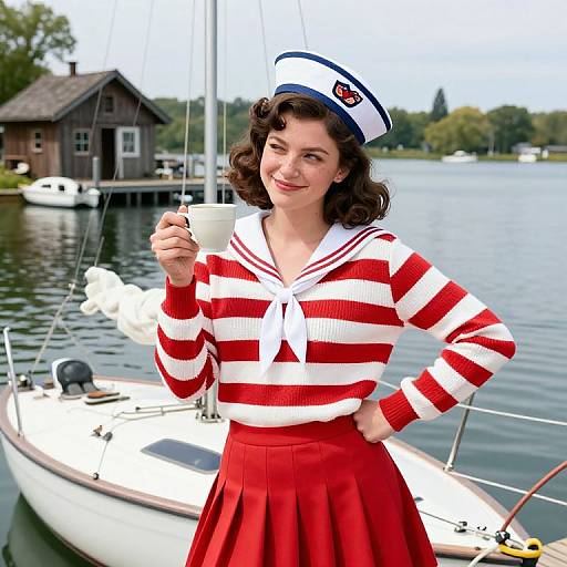 Photograph of a smiling, fair-skinned woman with dark curls in a red and white sailor outfit, holding a mug by a docked sailboat