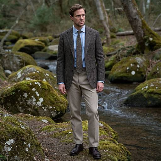Photograph of a serious, handsome man with short brown hair, wearing a dark tweed blazer, light blue shirt, patterned tie, beige
