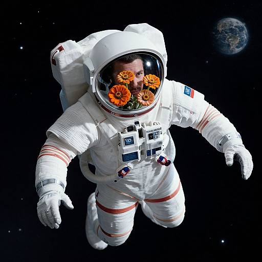 Photorealistic digital artwork of an astronaut floating in space, wearing a white spacesuit with orange stripes, reflecting vibrant orange flowers in his helmet visor