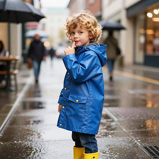 Photograph of a curly-haired toddler in a blue raincoat and yellow boots, standing on a wet, rainy urban street.
