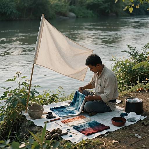 Photograph of a man dyeing fabric by a river, sitting on a white cloth with a large white flag, surrounded by lush greenery and natural
