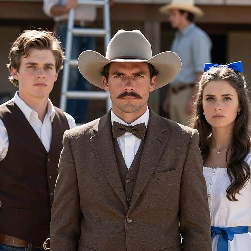 Photograph of three Western-style actors; central man in brown suit, white shirt, black bow tie, and beige hat, flanked by a younger