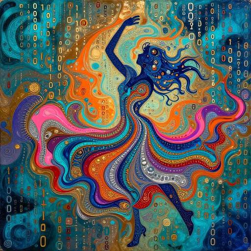 Vibrant digital art of a blue, abstract, flowing figure with multicolored, wavy patterns, surrounded by yellow, orange, and blue