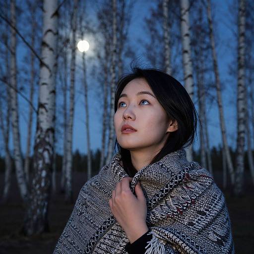 Photograph of an Asian woman with short black hair, gazing upwards at a full moon in a blue-hued birch forest, wearing a textured