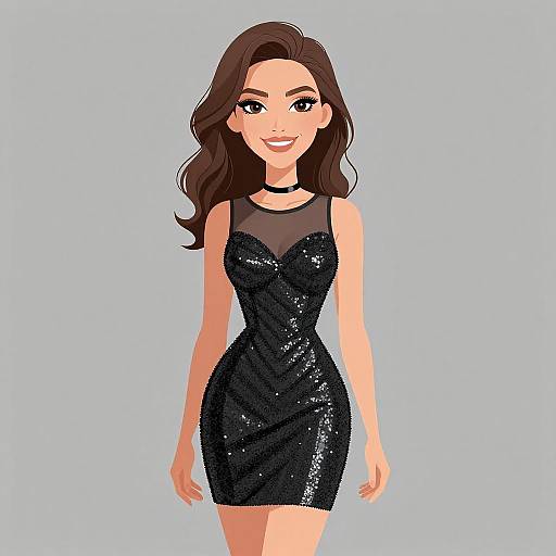 Digital illustration of a smiling woman with long brown hair, wearing a sparkly black sleeveless dress and black choker, against a light blue background.