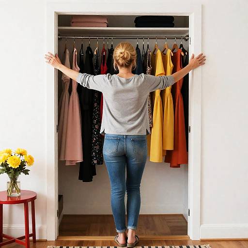 Stylish Woman in Colorful Closet Entrance