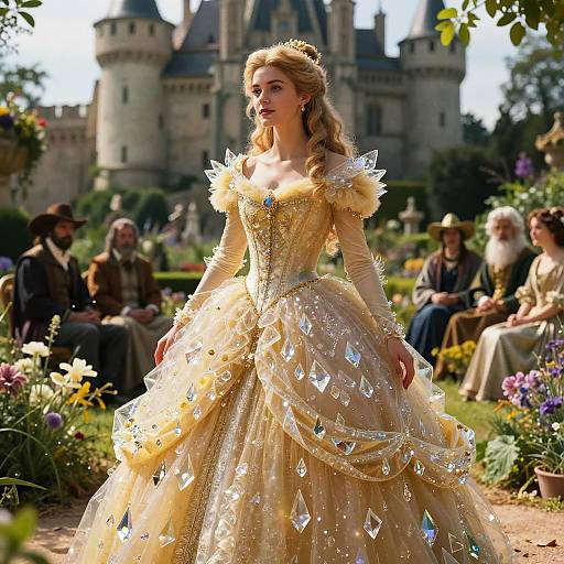 Photograph of a beautiful blonde woman in an elaborate, shimmering golden ball gown with crystal accents, standing in a lush garden with medieval castle in the