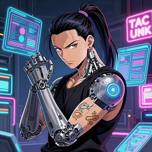 Cyberpunk anime-style drawing of a stern, tattooed woman with black hair in a high ponytail, wearing a black shirt, and robotic arms