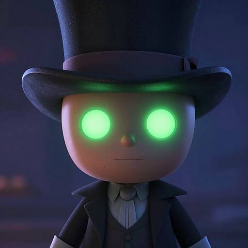 CGI image of a small, cartoonish character with glowing green eyes, wearing a black top hat and Victorian-style dark suit.