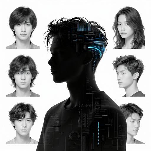 Digital art: Silhouetted male profile with six monochromatic headshots of Asian males with varying hairstyles surrounding him, white background, blue and