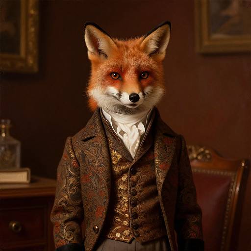 Digital artwork of a fox with red-orange fur wearing an ornate, dark brown Victorian-style suit, standing in a dimly lit, vintage room.