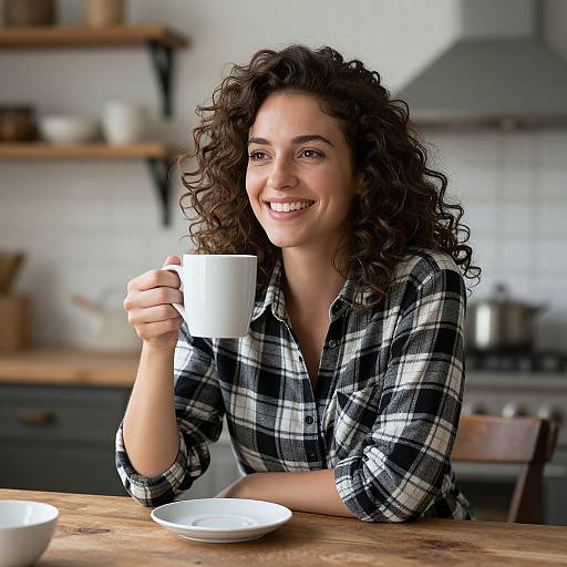 Photograph of a smiling woman with curly brown hair, wearing a black-and-white plaid shirt, holding a white mug in a cozy, modern kitchen