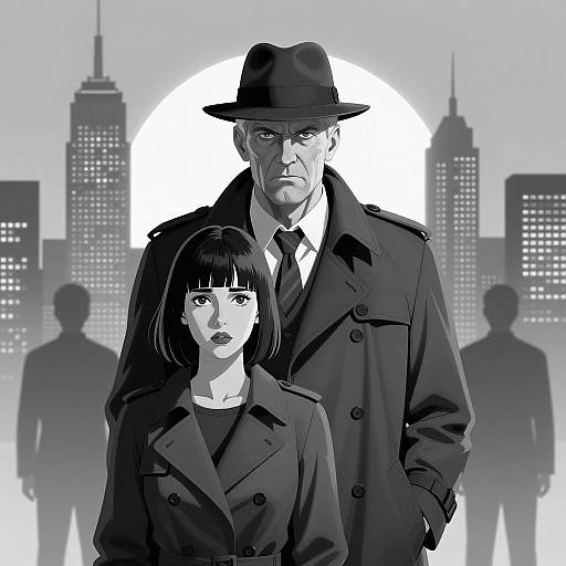 Mysterious Duo in Grayscale Cityscape