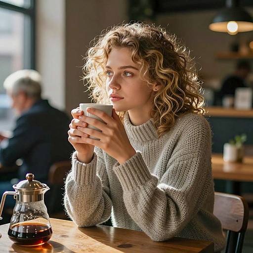 Young Woman Enjoying Coffee in Cozy Cafe