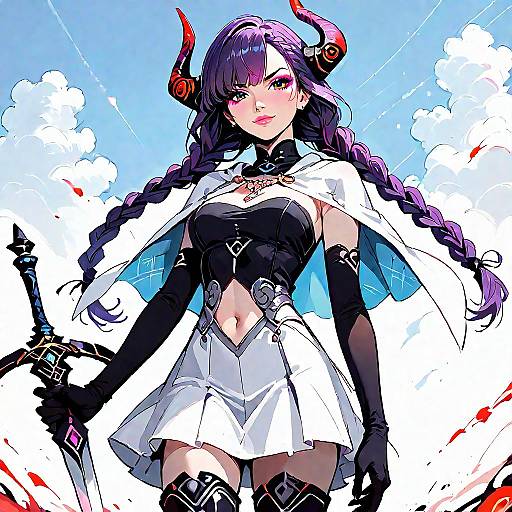 Digital anime-style illustration of a purple-haired demon girl with red horns, black and white outfit, braid, and sword, set against a bright blue