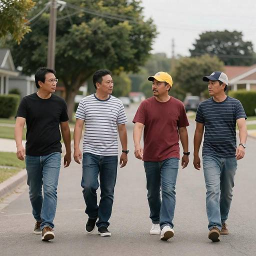 Four Men Walking on Suburban Street
