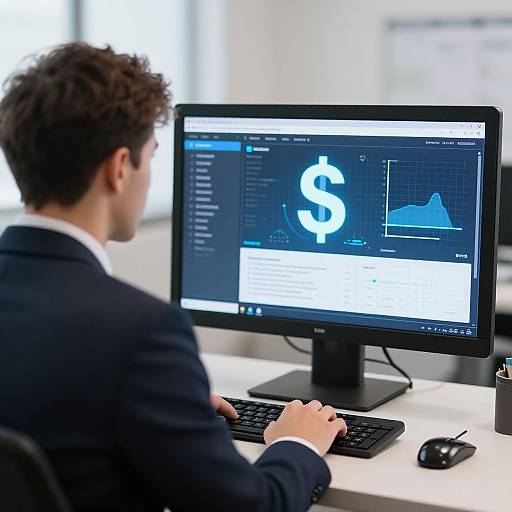 Photograph of a man in a black suit, typing on a computer, displaying financial software with a dollar sign and charts.