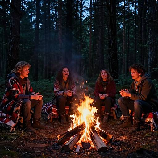 Photograph of four young people, two men and two women, sitting around a campfire in a dark forest at night, smiling and holding mugs