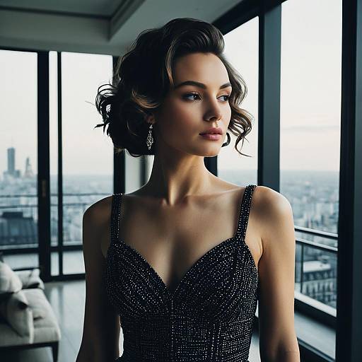 Elegant Woman in Evening Gown in Luxury Penthouse