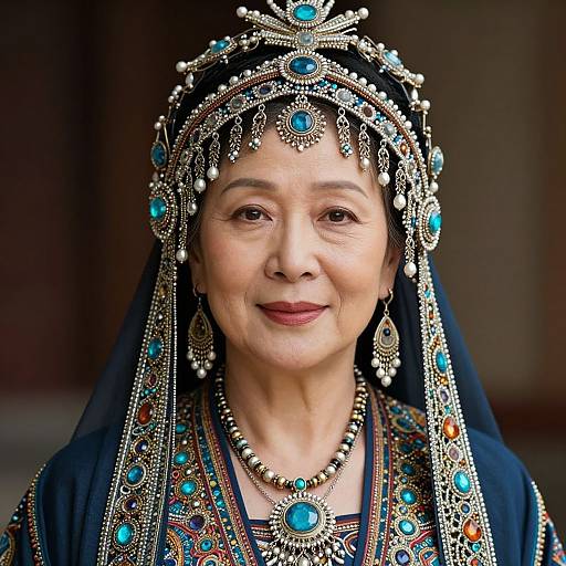 Photograph of an elderly Indian woman in traditional attire, wearing an ornate turquoise and silver headpiece, veil, and jewelry, smiling softly.