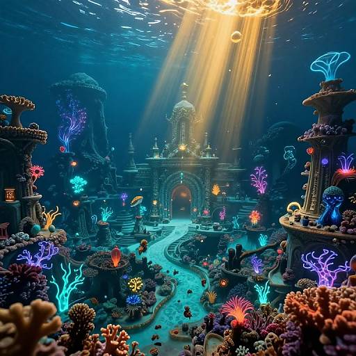 Underwater fantasy scene with glowing coral, bioluminescent plants, ancient temple, and sunbeams filtering through the water, creating a mystical ambiance
