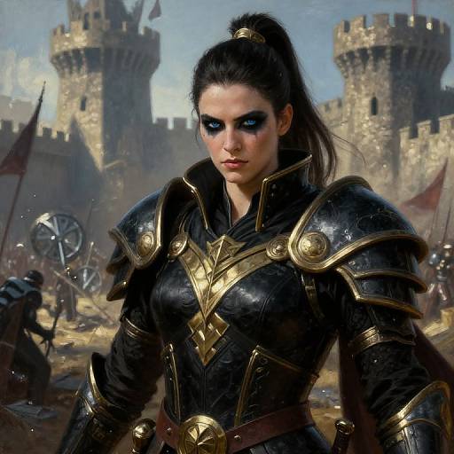 Digital art of a fierce, dark-haired woman in black and gold medieval armor, standing before a castle with flags and soldiers in the background.