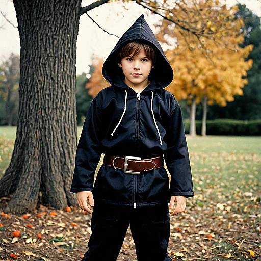 Boy in Black Hooded Halloween Costume Outdoors