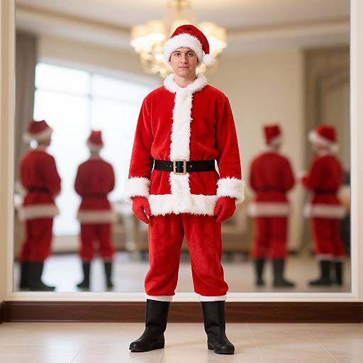 Photograph of a man in a Santa Claus outfit, standing in a brightly lit room with mirrors reflecting his image.