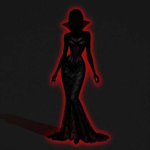 Silhouetted vampire woman in a form-fitting, lacey black gown with a wide collar, glowing red outline against a dark background.