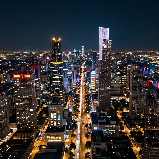 Aerial photograph of a vibrant, nighttime cityscape with brightly lit skyscrapers, illuminated streets, and a clear, dark sky.