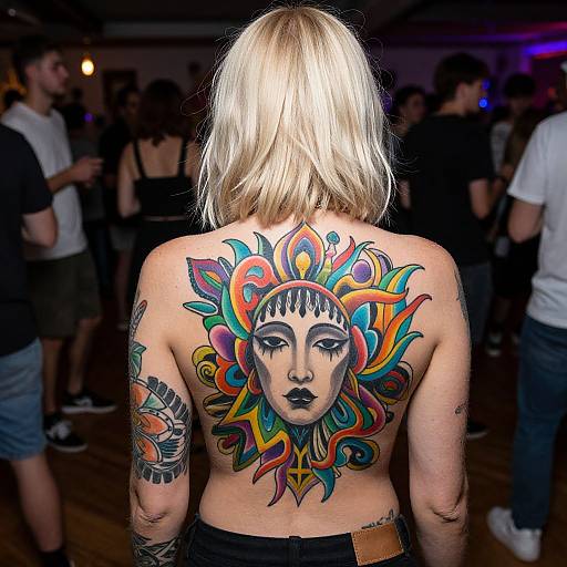Photograph of a blonde woman with shoulder-length hair, back facing camera, displaying a vibrant, colorful sun-face tattoo on her upper back, surrounded by