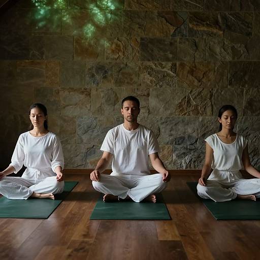 Photograph of three meditating individuals, two women and one man, in white clothes, sitting cross-legged on green mats against a stone wall. Dim