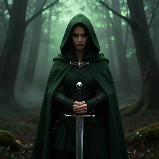 Dark-Haired Woman in Foggy Forest