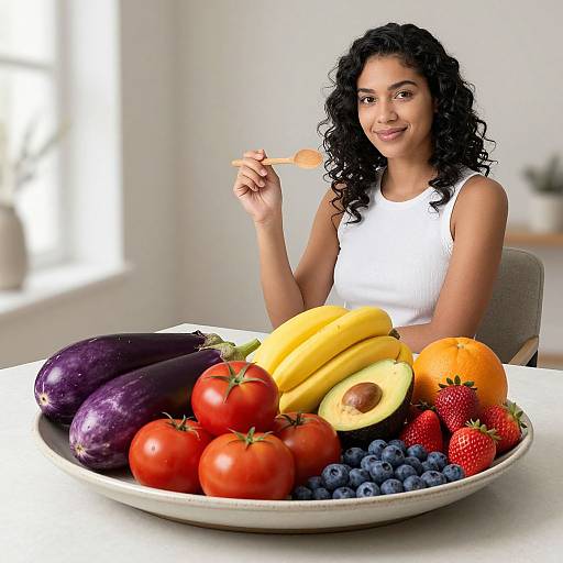 Photograph of a smiling woman with curly black hair, wearing a white tank top, eating a spoonful of fruit, surrounded by bananas, avoc