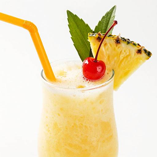 Photograph of a tropical cocktail with frothy yellow drink, orange straw, red cherry, pineapple wedge, and green leaves in a glass.