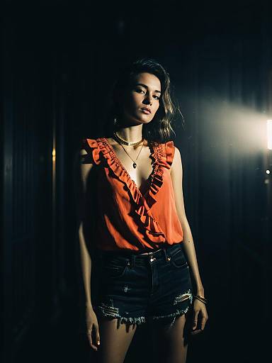 Woman in Coral Pink Blouse and Denim Shorts