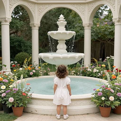 Photograph of a young girl in a white dress, standing before a multi-tiered white fountain, surrounded by colorful flowers and potted plants, under