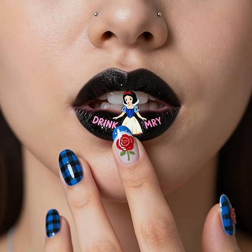 Black Glitter Lips with Snow White Art and Decorative Nails