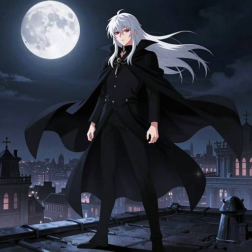 Digital anime-style artwork of a white-haired, red-eyed man in a black coat standing on a rooftop under a bright full moon. Gothic cityscape in