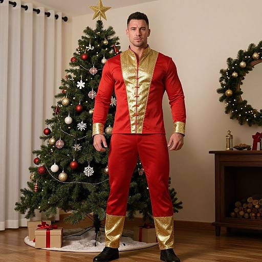 Photograph of a muscular man in a red and gold Christmas elf costume standing in front of a decorated Christmas tree.
