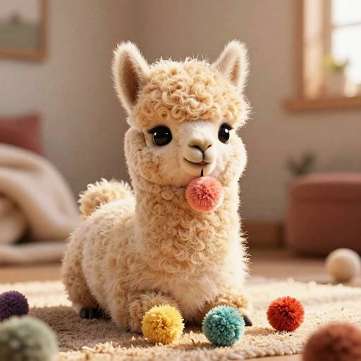Cute, fluffy, yellow alpaca toy with curly fur, large black eyes, holding a red pom-pom, surrounded by colorful pom-p
