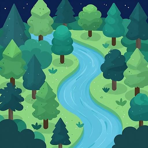 Digital illustration of a nighttime forest with a winding blue river, green and blue trees, and a starry dark blue sky.