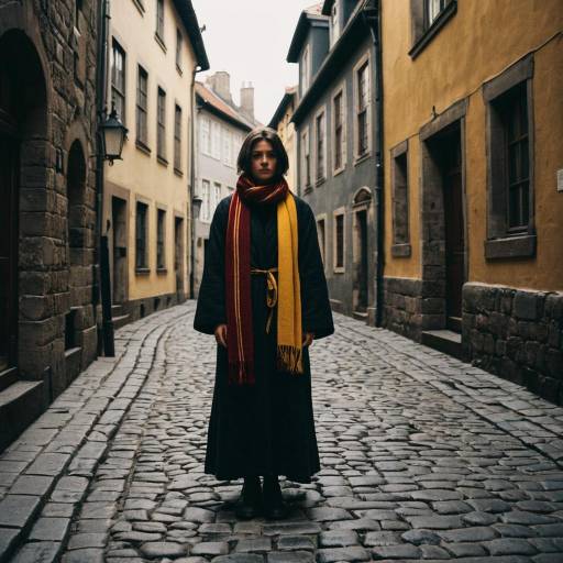 Young Person in Dark Robe on Cobblestone Street