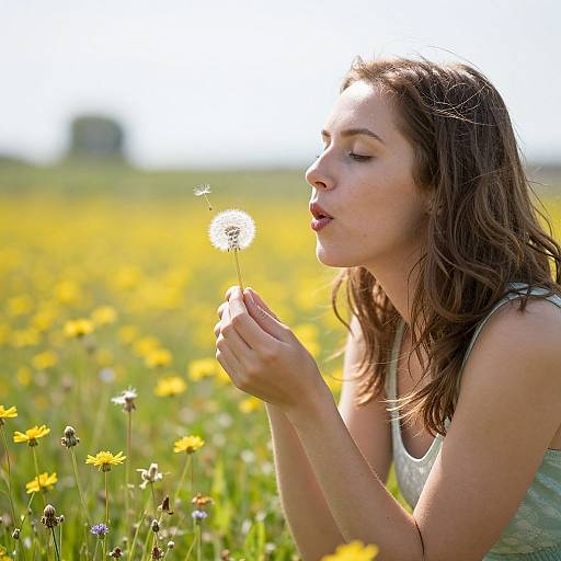 Photograph of a young woman with brown hair, wearing a white tank top, gently blowing on a dandelion seed in a sunlit yellow wild