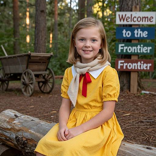 Photograph of a smiling young girl with light brown hair, wearing a yellow dress and white scarf, sitting on a log in a forest with wooden signs