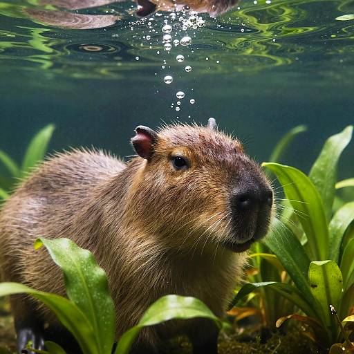 Underwater Capybara in Lush Habitat
