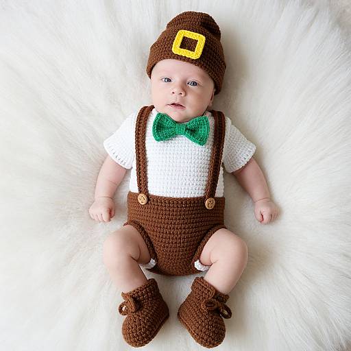 Photograph of a baby doll in a brown crocheted outfit with a green bowtie, brown hat with yellow buckle, white shirt, and brown