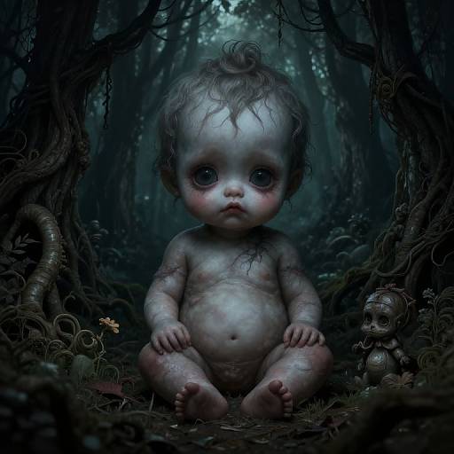 Eerie Twisted Baby in Dark Forest